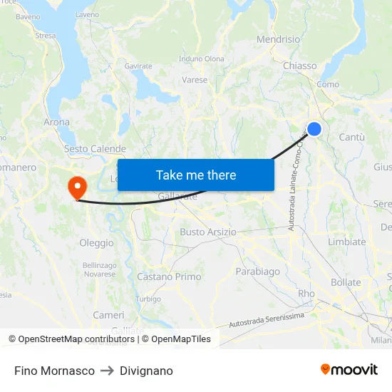 Fino Mornasco to Divignano map