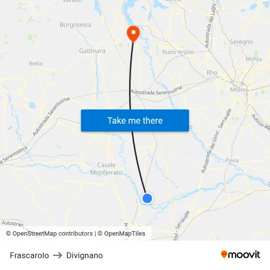 Frascarolo to Divignano map