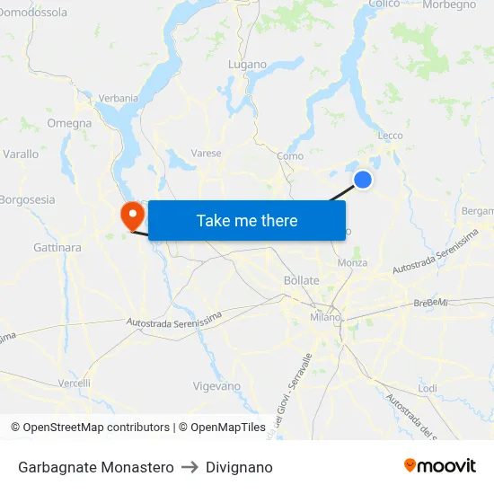 Garbagnate Monastero to Divignano map