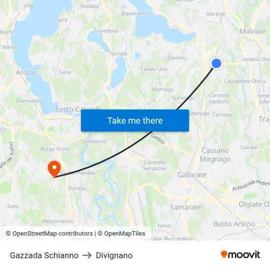 Gazzada Schianno to Divignano map