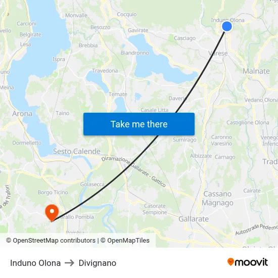 Induno Olona to Divignano map