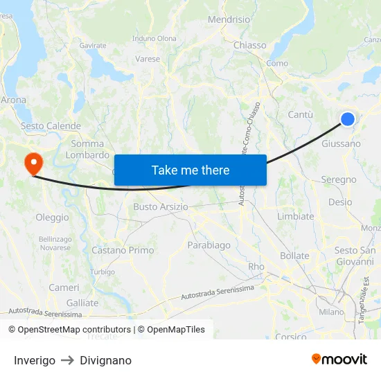 Inverigo to Divignano map