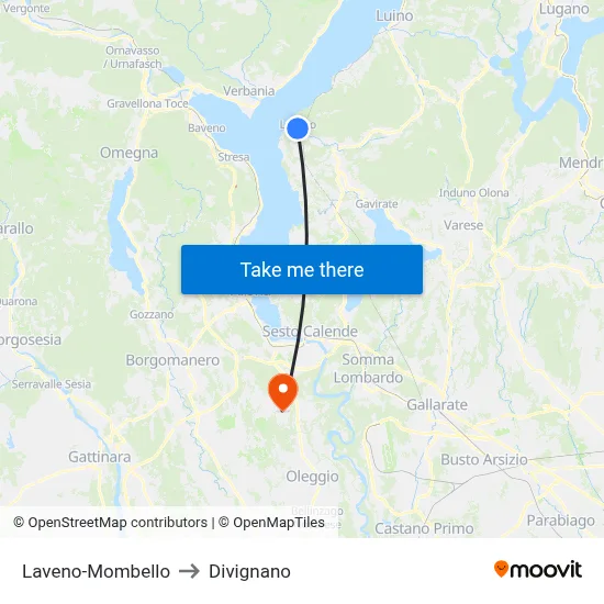 Laveno-Mombello to Divignano map