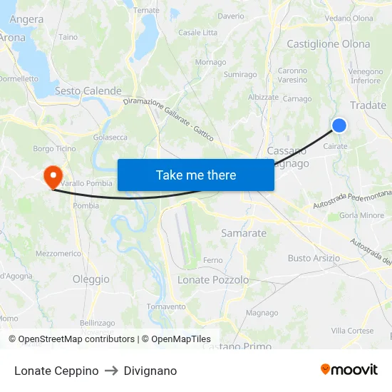 Lonate Ceppino to Divignano map