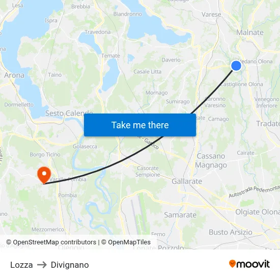 Lozza to Divignano map