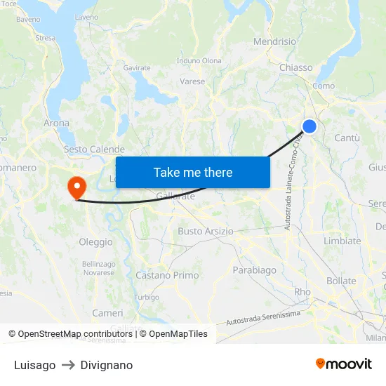 Luisago to Divignano map