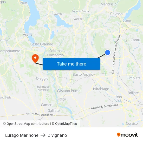 Lurago Marinone to Divignano map