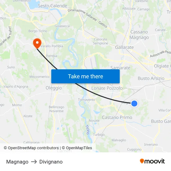 Magnago to Divignano map