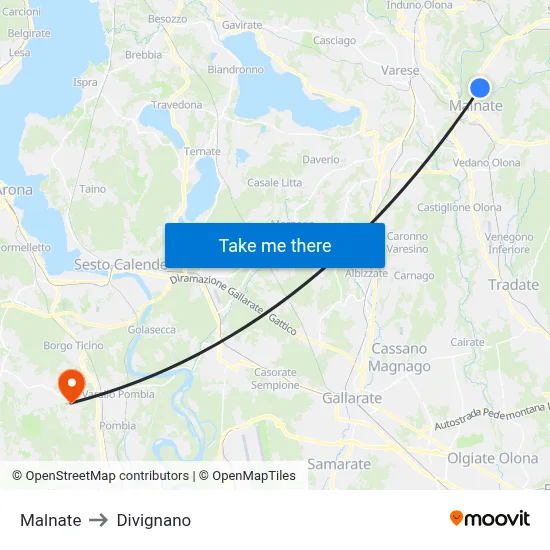 Malnate to Divignano map