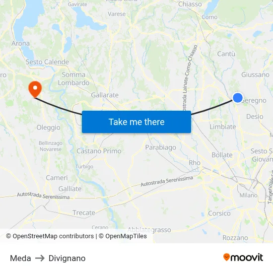 Meda to Divignano map