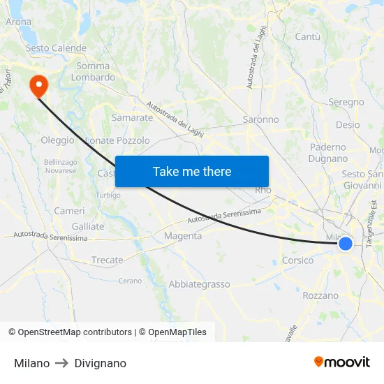 Milan to Divignano map
