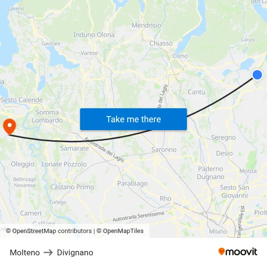 Molteno to Divignano map