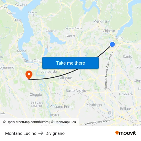 Montano Lucino to Divignano map