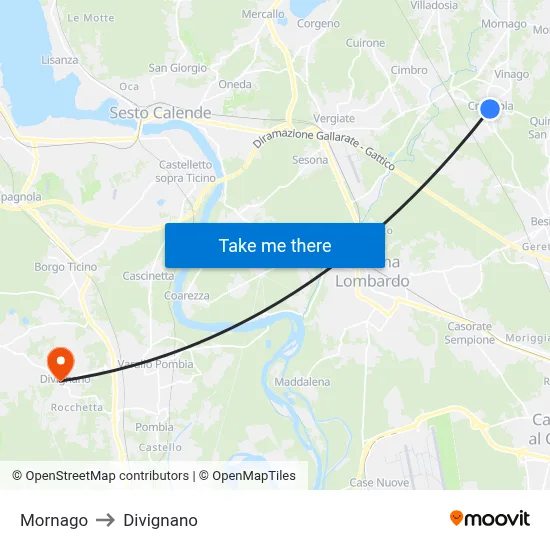Mornago to Divignano map