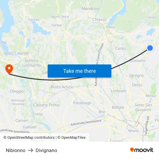 Nibionno to Divignano map