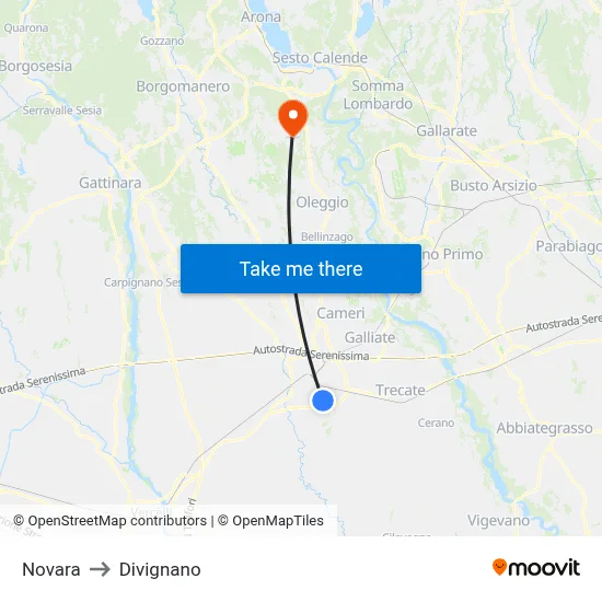 Novara to Divignano map