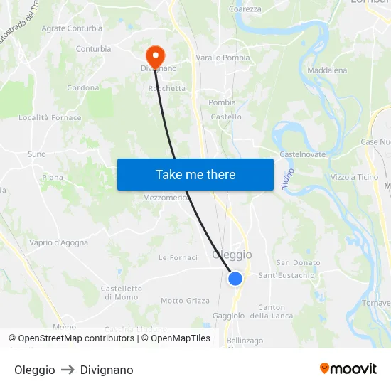 Oleggio to Divignano map