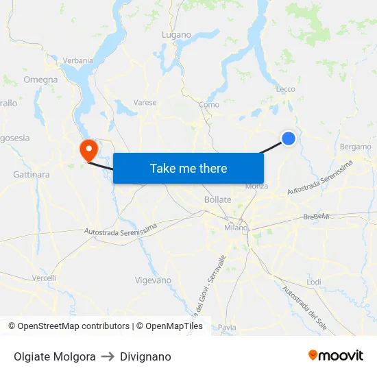 Olgiate Molgora to Divignano map