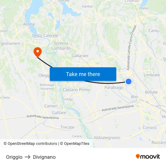 Origgio to Divignano map