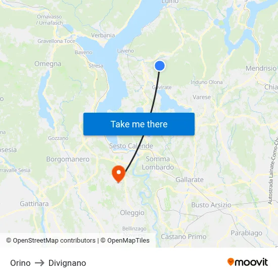 Orino to Divignano map