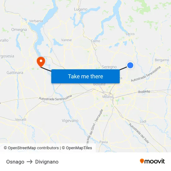 Osnago to Divignano map