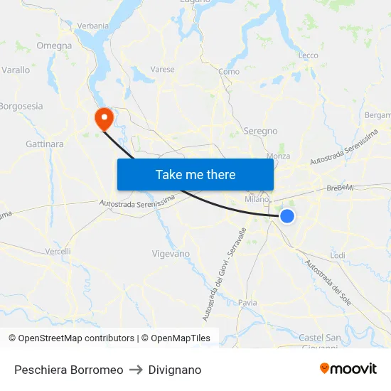 Peschiera Borromeo to Divignano map