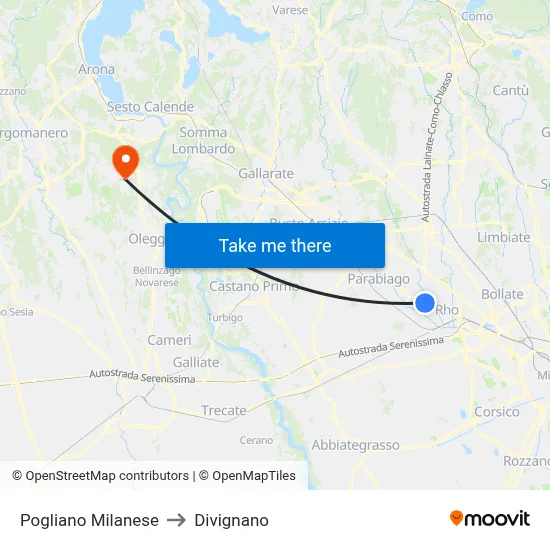 Pogliano Milanese to Divignano map
