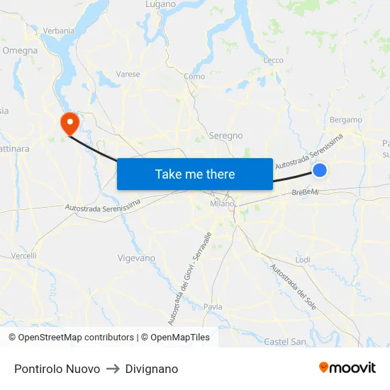 Pontirolo Nuovo to Divignano map