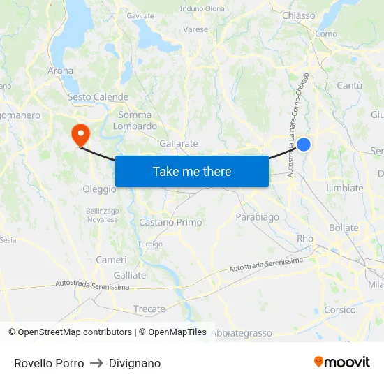 Rovello Porro to Divignano map