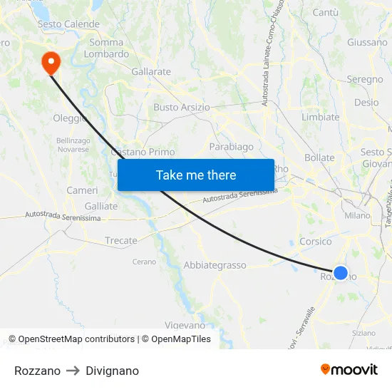 Rozzano to Divignano map