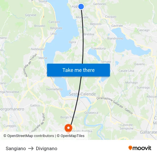 Sangiano to Divignano map