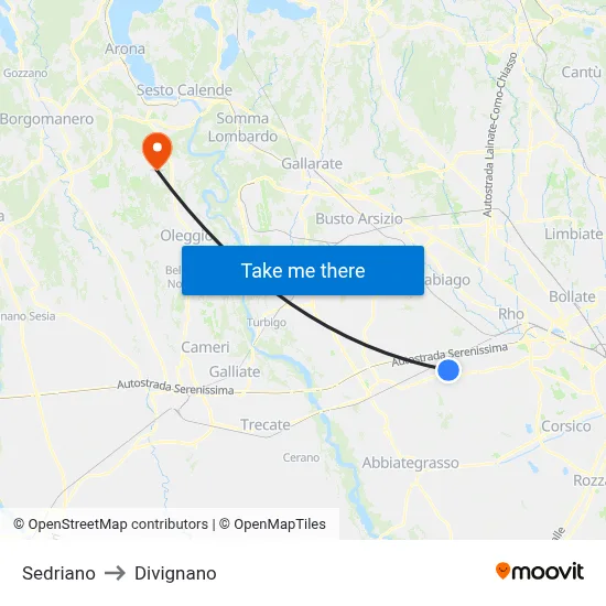Sedriano to Divignano map