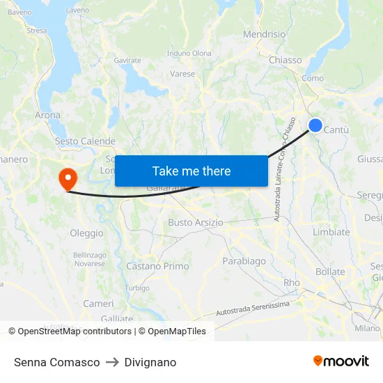 Senna Comasco to Divignano map