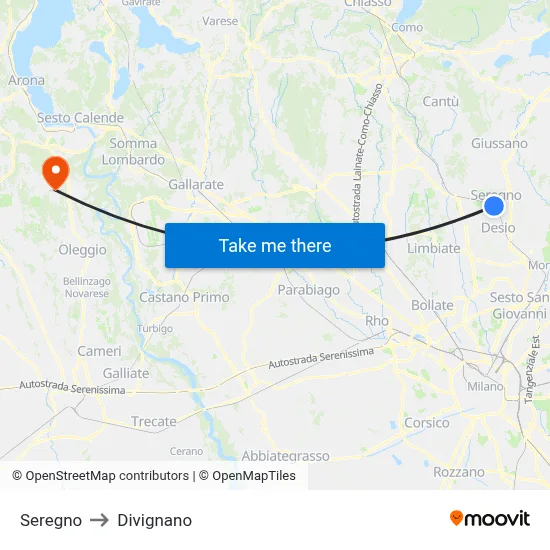 Seregno to Divignano map