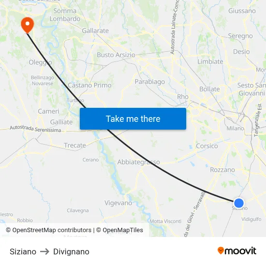 Siziano to Divignano map