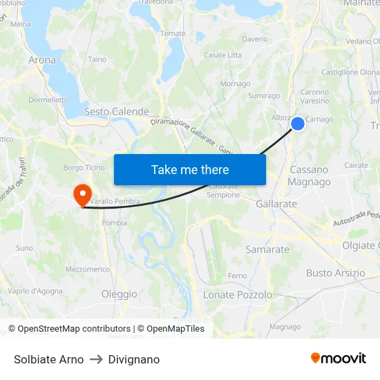 Solbiate Arno to Divignano map