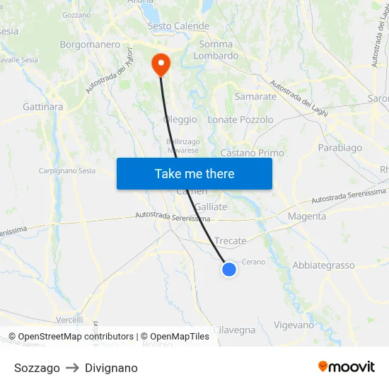 Sozzago to Divignano map