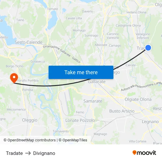 Tradate to Divignano map