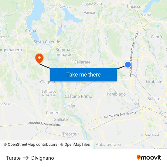 Turate to Divignano map