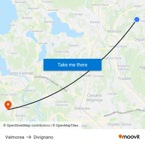 Valmorea to Divignano map