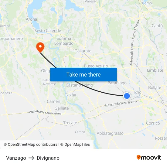 Vanzago to Divignano map