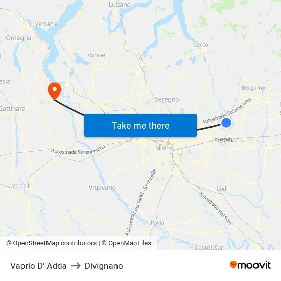 Vaprio D' Adda to Divignano map
