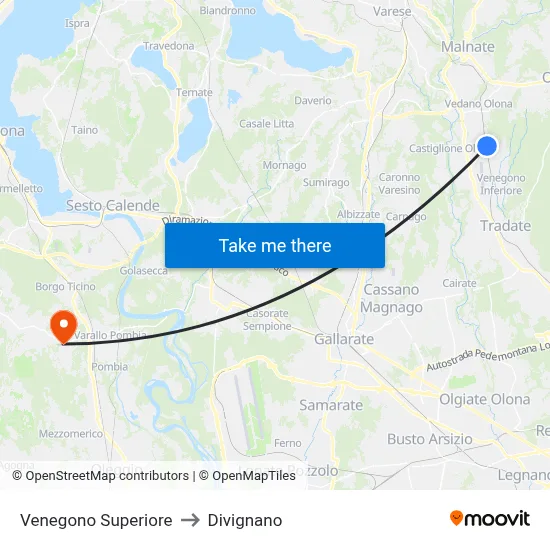Venegono Superiore to Divignano map