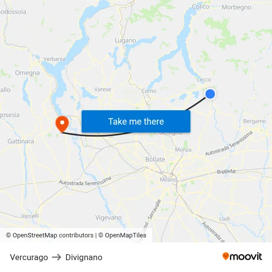 Vercurago to Divignano map