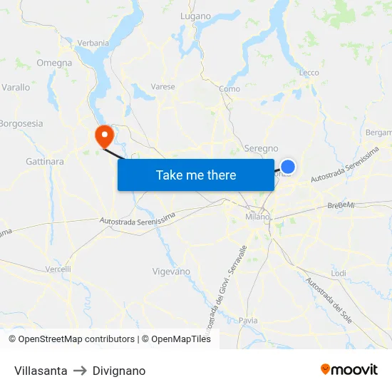 Villasanta to Divignano map