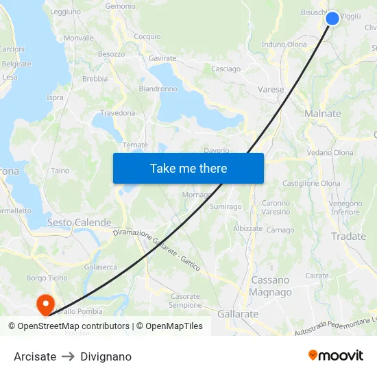 Arcisate to Divignano map