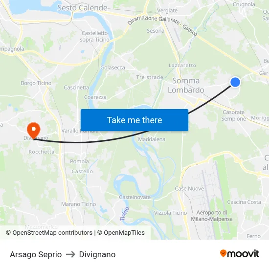 Arsago Seprio to Divignano map