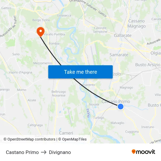 Castano Primo to Divignano map