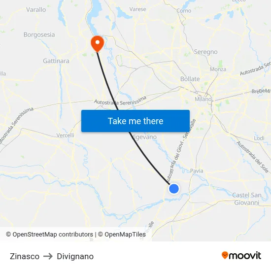Zinasco to Divignano map