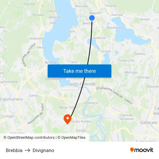 Brebbia to Divignano map